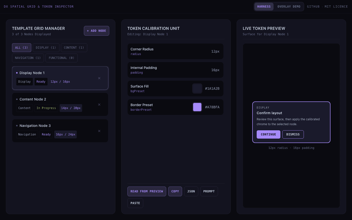 DX Spatial Grid harness: Template Grid Manager, Token Calibration Unit, and Live Token Preview in the browser.