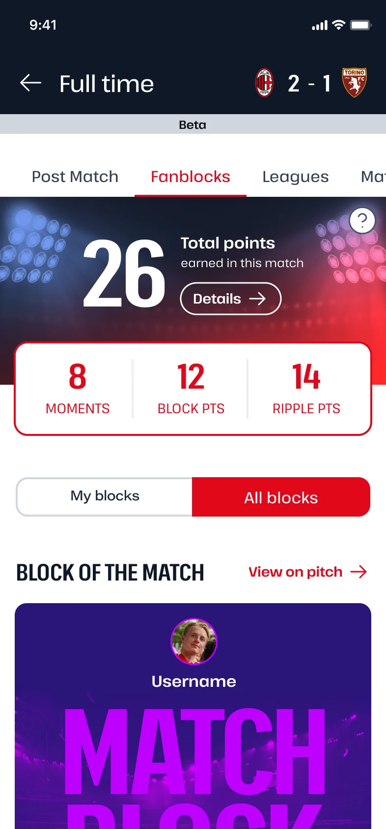 AC Milan post-match Fanblocks — All blocks Rare filter on mobile