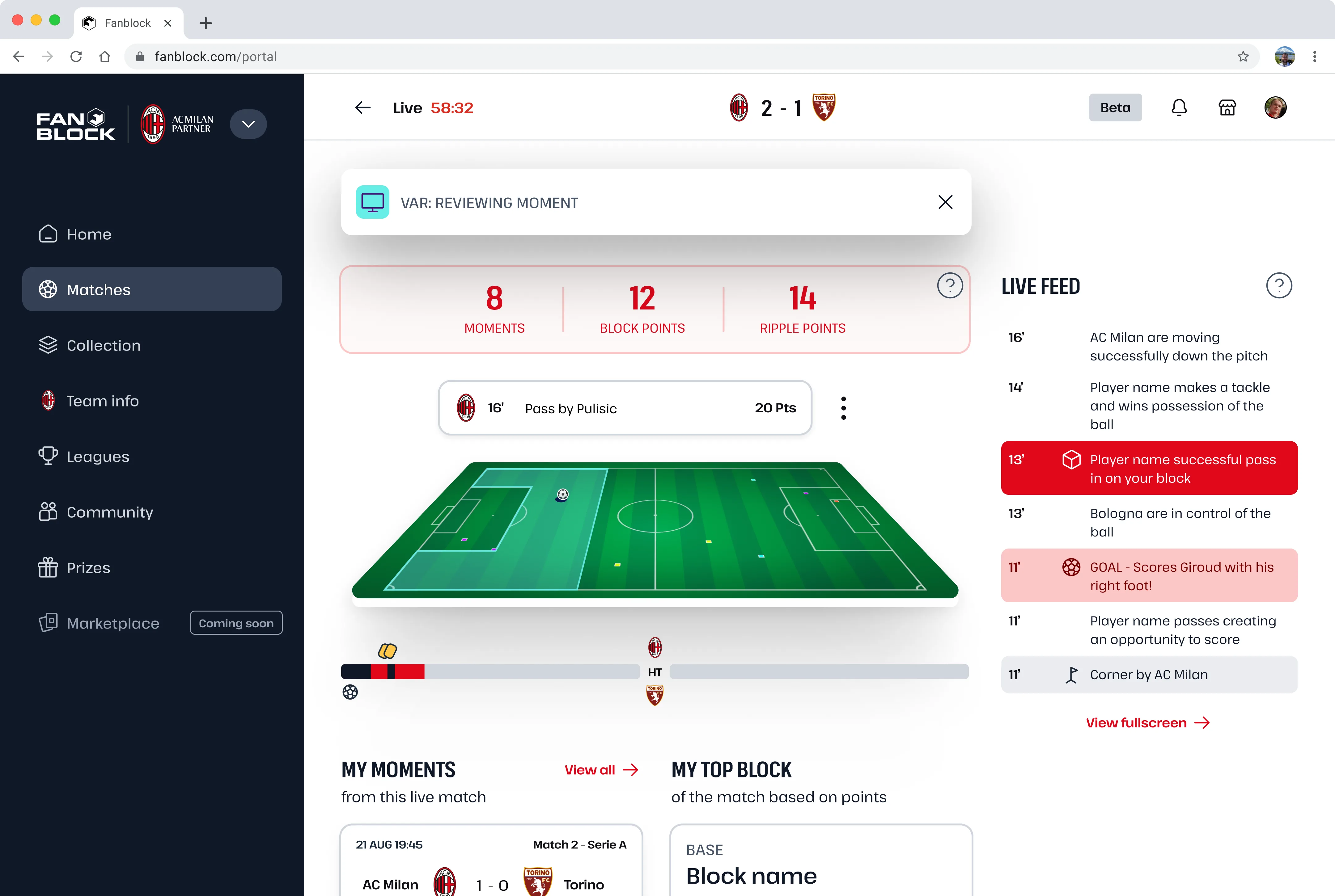 AC Milan live match overview desktop — portal with pitch, stats, and live feed