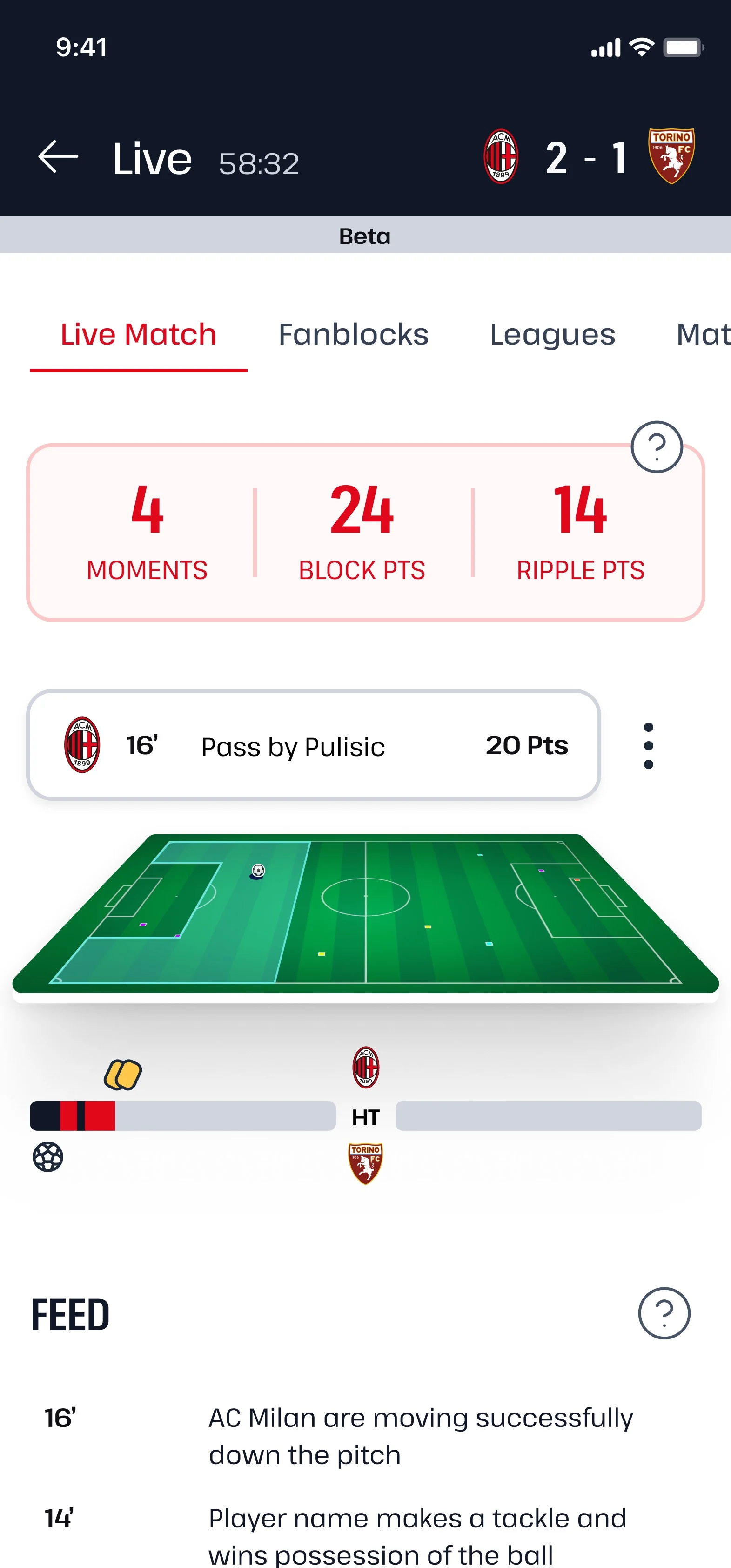 AC Milan live match overview mobile — scoreline, block points, pitch, and feed