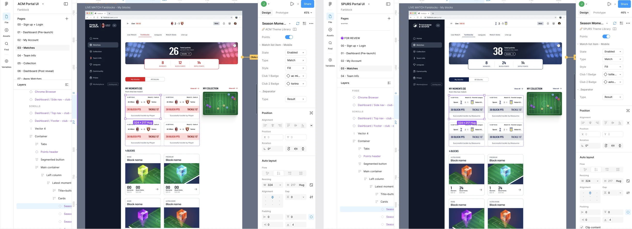 Figma child architecture — ACM Portal UI live match Fanblocks beside SPURS Portal UI