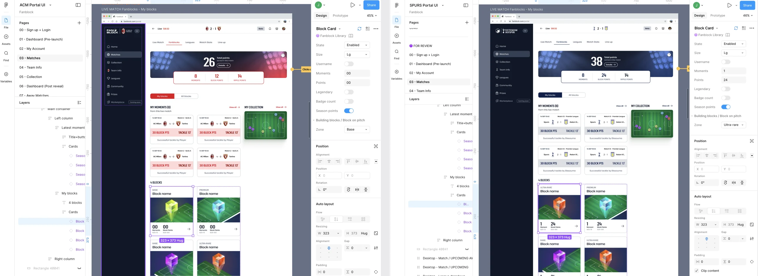 Figma child architecture comparison — ACM and Spurs portal structures stacked