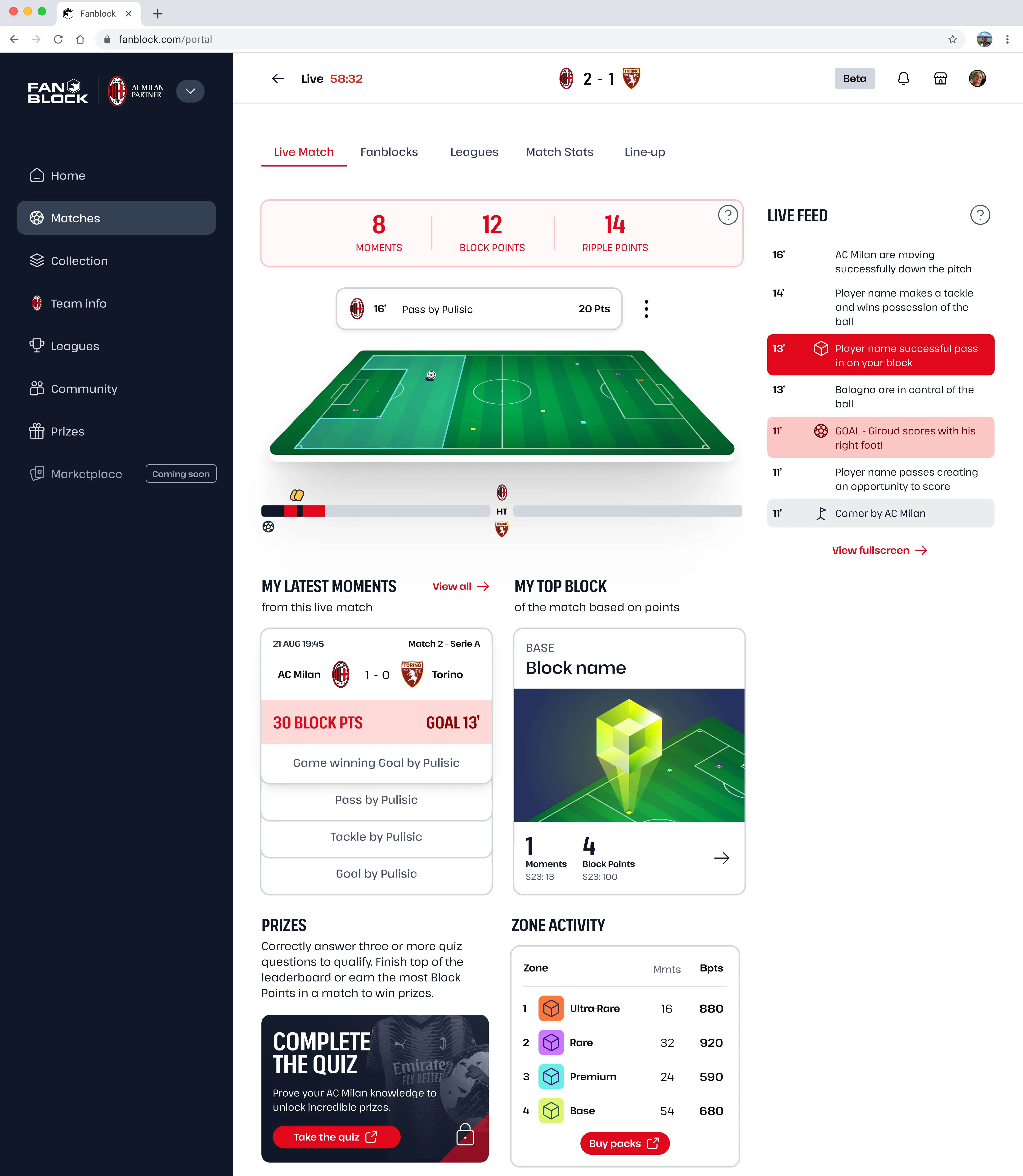 AC Milan live match overview desktop — scoreline, pitch, block points, and match feed