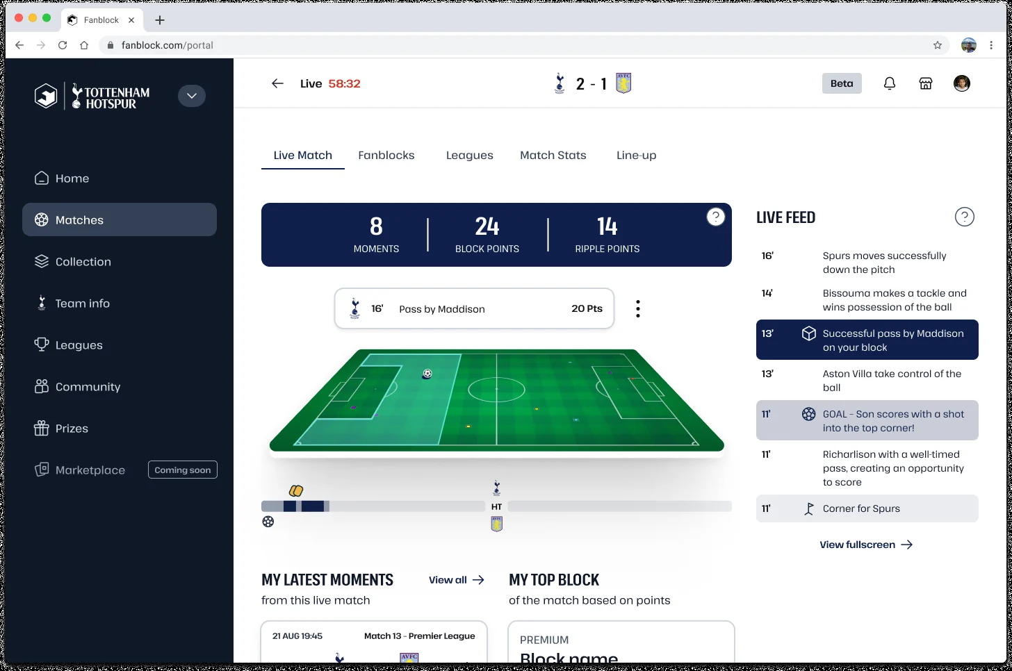 Tottenham Hotspur live match overview desktop — portal with pitch, stats, and live feed