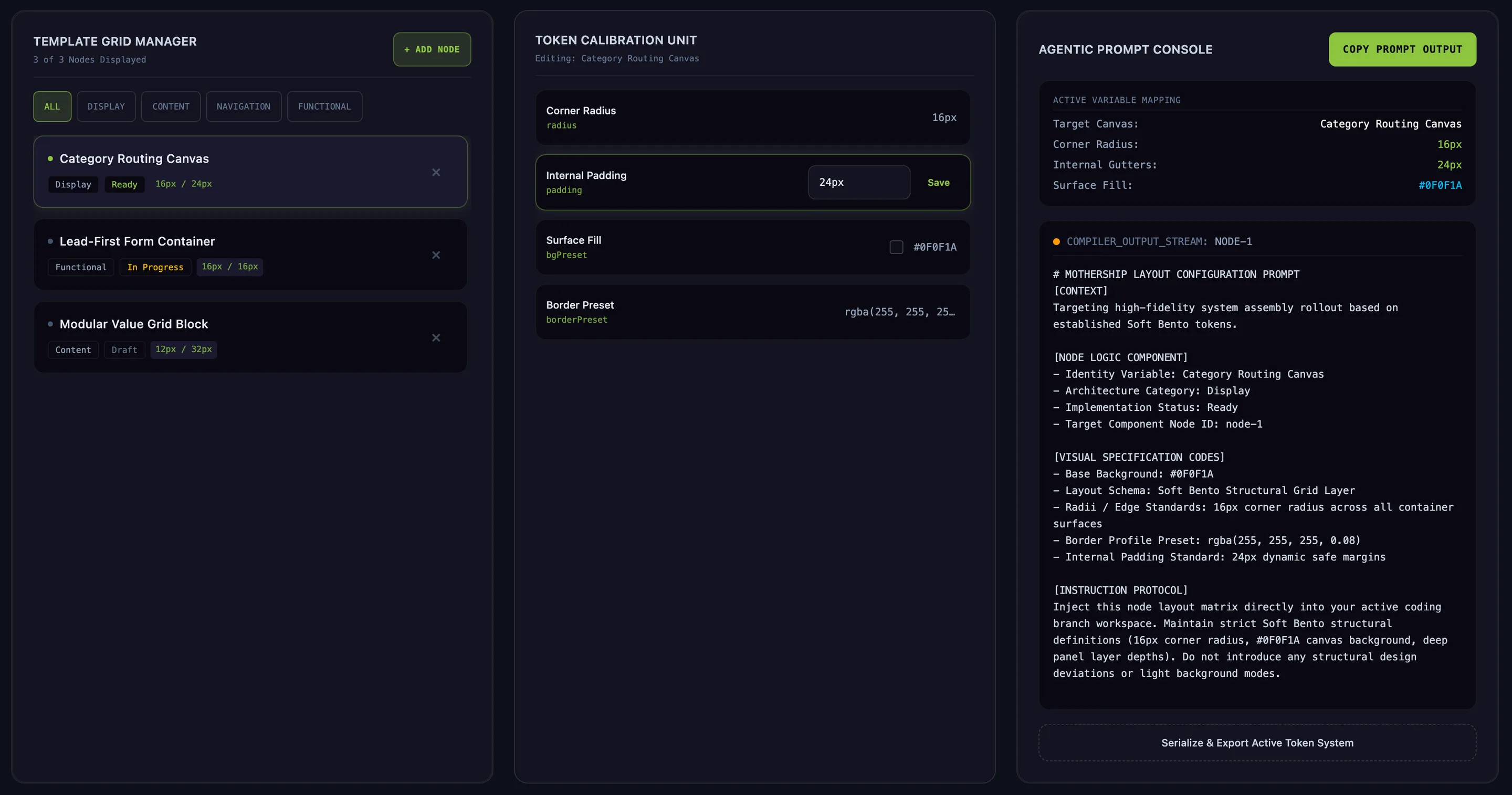 The Mothership Console — Template Grid Manager, Token Calibration Unit, and Agentic Prompt Console working in concert.