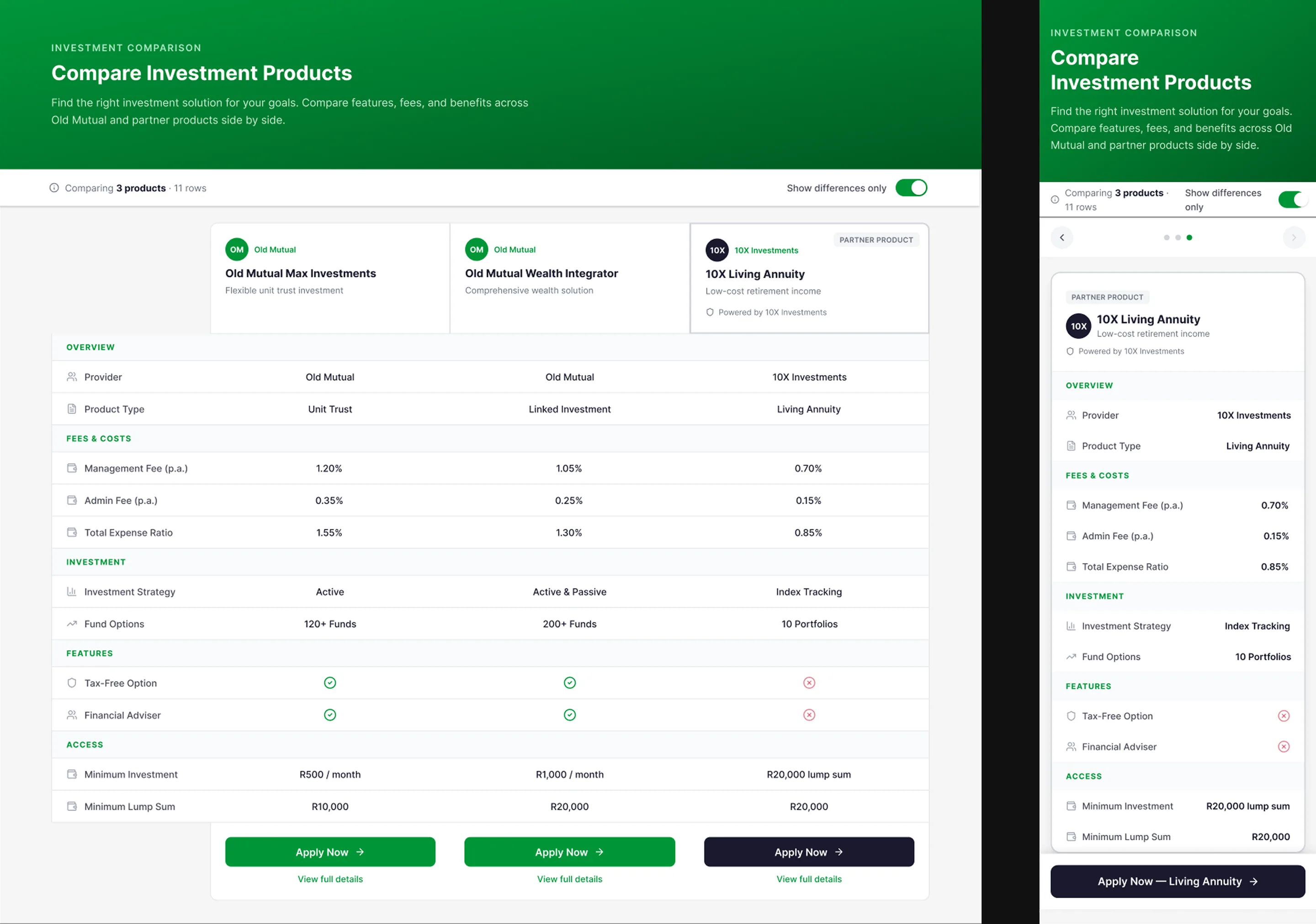 Product comparison prototype — desktop horizontal matrix and mobile card layout side by side, showcasing the intended logic for complex product comparisons.