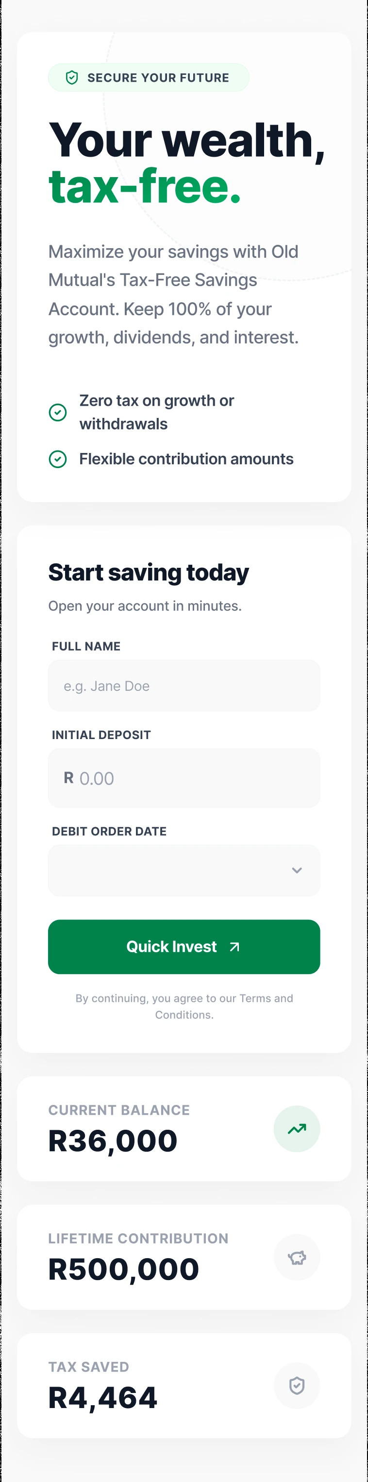 TFSA 2026 Style Extension mobile — Secure Your Future hero, Quick Invest form, and balance / contribution / tax-saved status cards.
